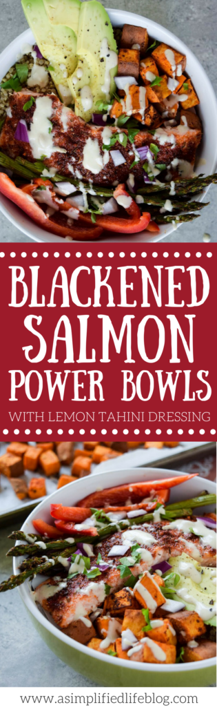 Blackened Salmon and Quinoa Power Bowls with Lemon Tahini Dressing