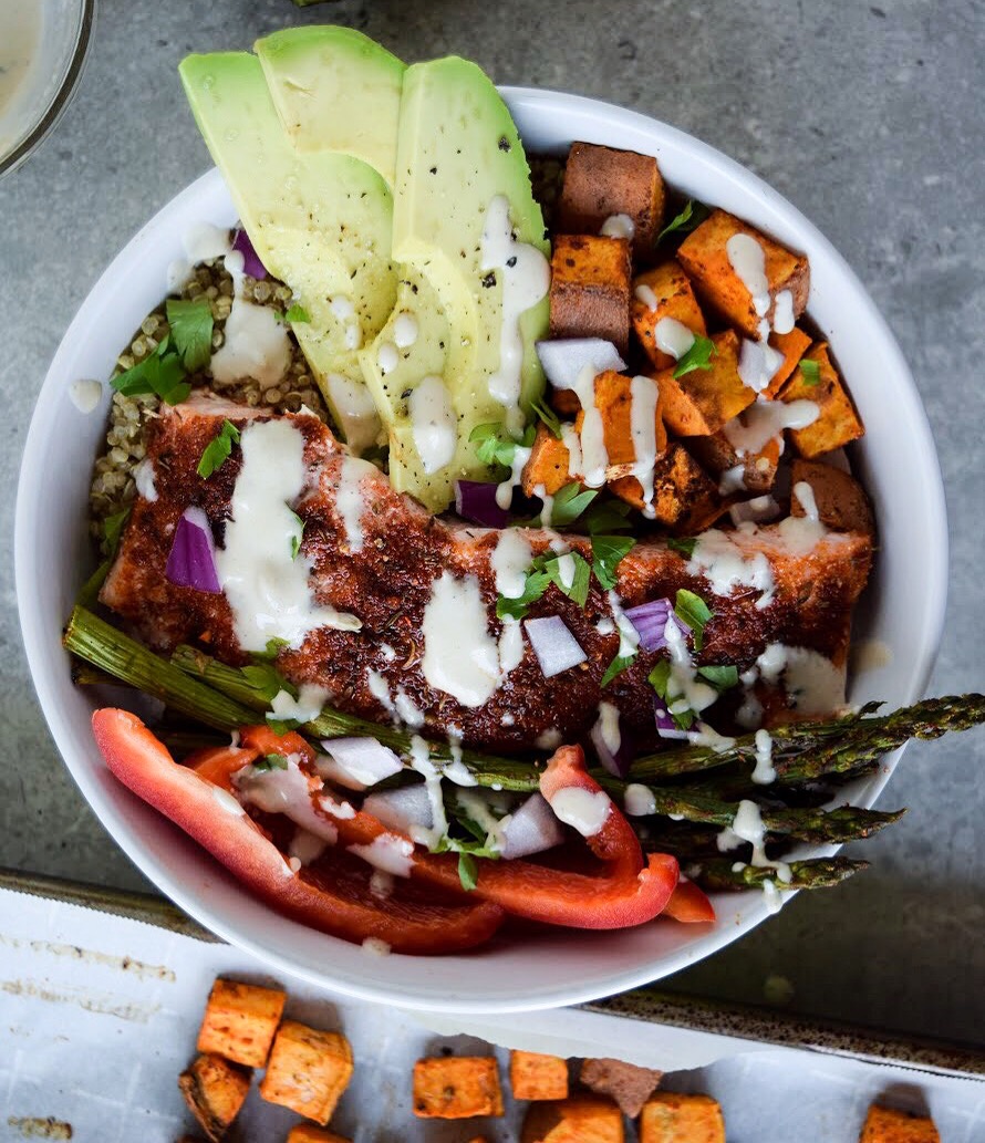 These Salmon and Quinoa Power Bowls with Lemon Tahini Dressing are packed with flavor and so easy to double or triple up for meal prep!