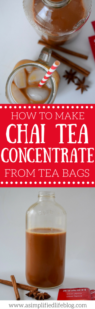 This chai tea concentrate from tea bags is surprisingly really easy to make! I like knowing that it's just tea, water, and a sweetener of choice! Saving for later.
