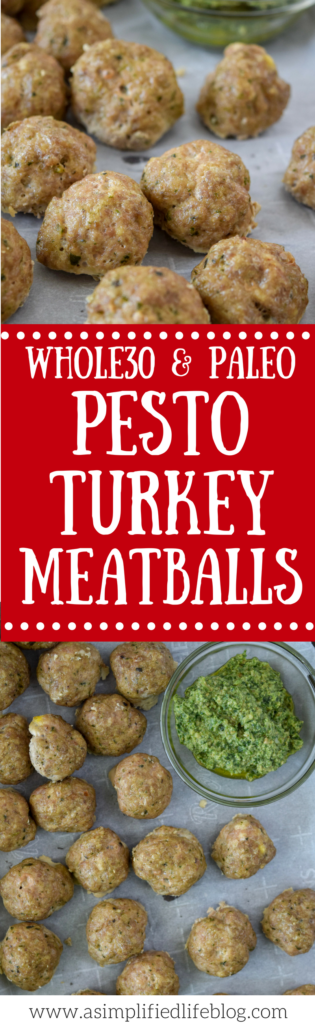 Whole30 & Paleo Pesto Turkey Meatballs! These meatballs are crazy easy to make and can be used in so many ways. Make a double batch and freeze half for a quick lunch or dinner later!
