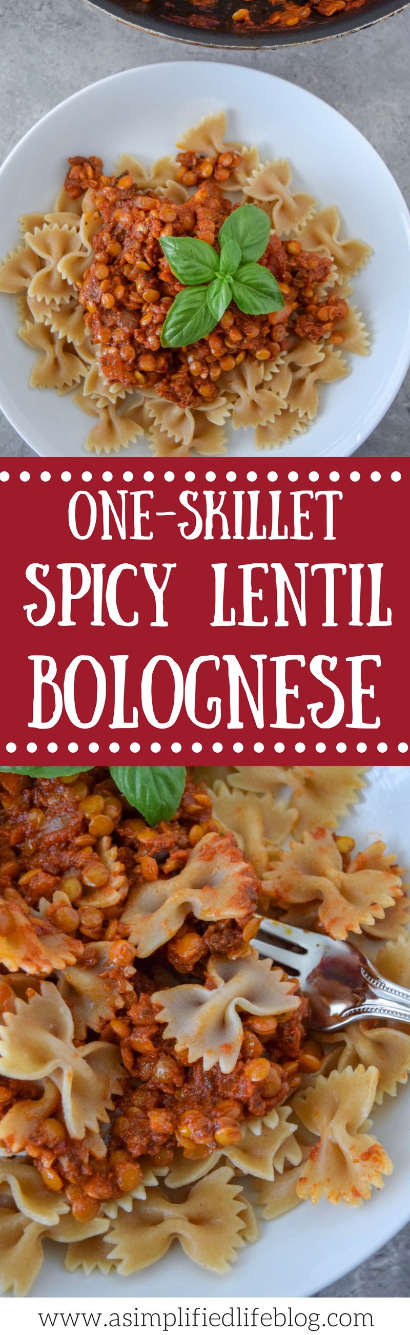 This One-Skillet Spicy Lentil Bolognese is perfect for a #meatlessmonday or vegetarian meal! Protein-packed lentils sub in for ground beef in this cozy pasta dish. Use your favorite jarred pasta sauce and any pasta you have on hand for this quick weeknight meal!