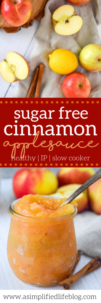 Once you try this Homemade Sugar-Free Cinnamon Applesauce, you'll never go back to store-bough! It's seriously so good and so easy to make in the slow cooker or Instant Pot! #applesaucerecipe #fallrecipe #sugarfree #paleo